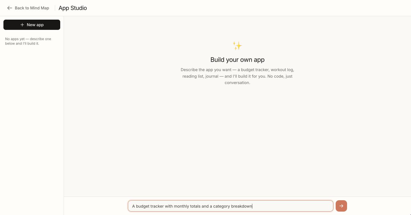 App Studio, waiting for a plain-language description of the app to build