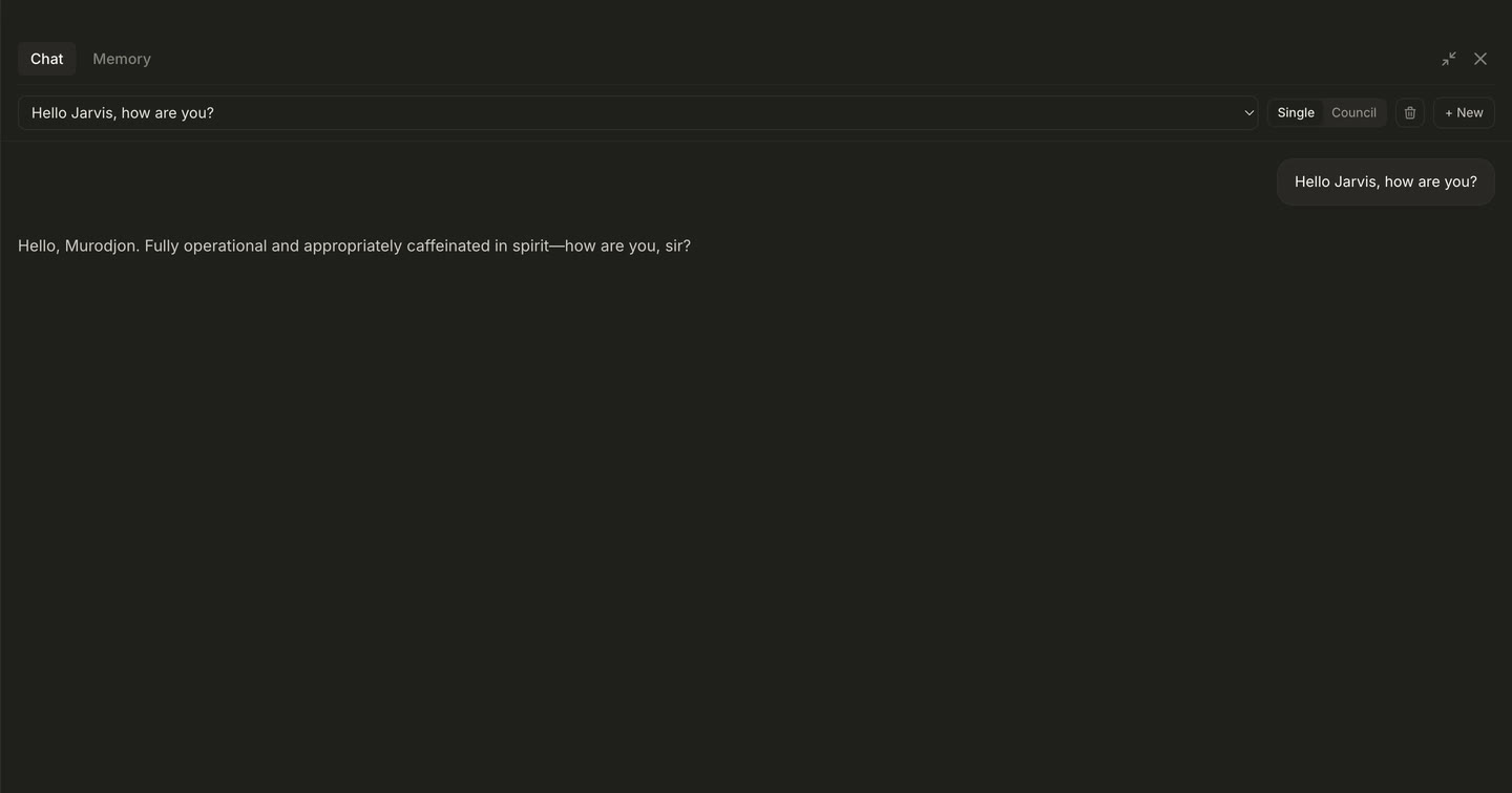 The Jarvis chat panel in BrainOS, answering a message