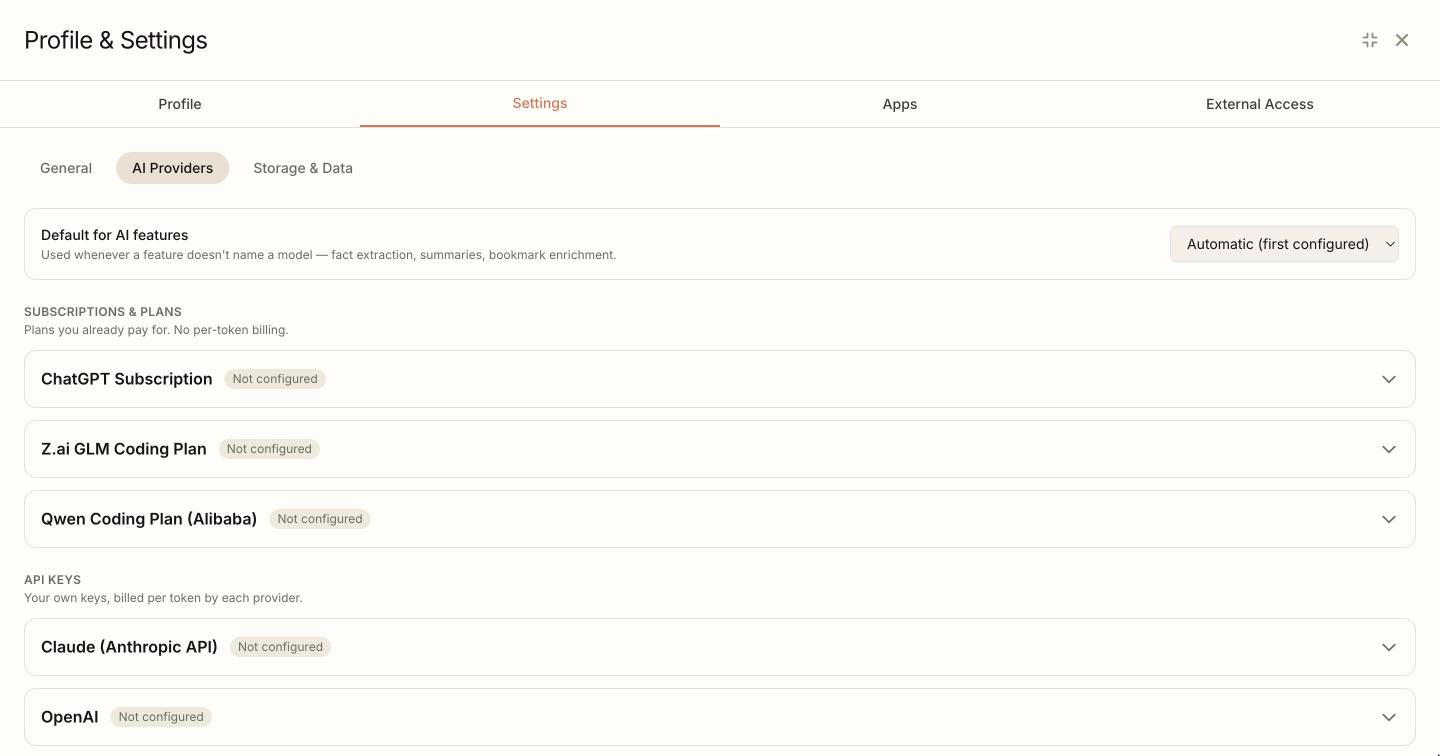 The AI Providers settings tab, split into Subscriptions and Plans above API Keys below